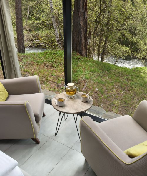 Mirrored house with panoramic windows and river view
